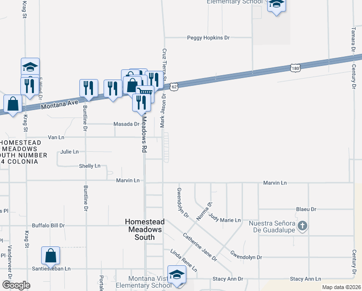 map of restaurants, bars, coffee shops, grocery stores, and more near 14821 Marvin Lane in El Paso