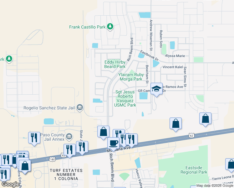 map of restaurants, bars, coffee shops, grocery stores, and more near 4568 Joseph Rodriguez Drive in El Paso
