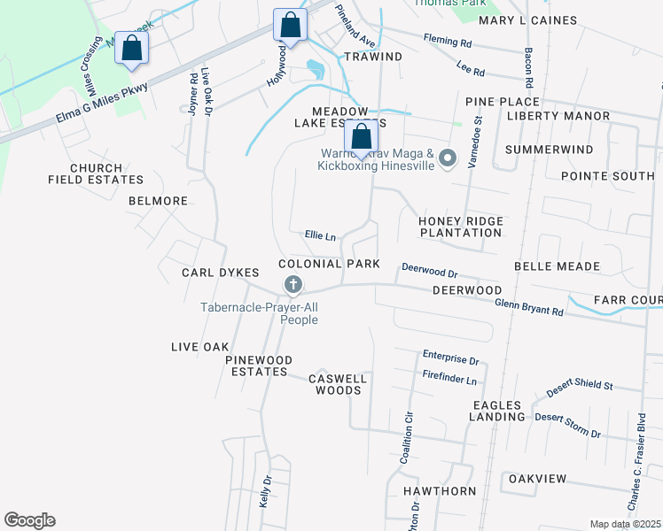 map of restaurants, bars, coffee shops, grocery stores, and more near 1100 Pineland Avenue in Hinesville