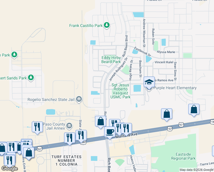 map of restaurants, bars, coffee shops, grocery stores, and more near 4600 Lorenzo Ponce Drive in El Paso