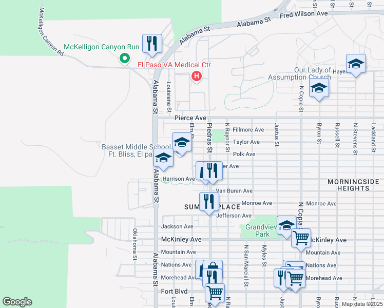 map of restaurants, bars, coffee shops, grocery stores, and more near 4400 Elm Street in El Paso