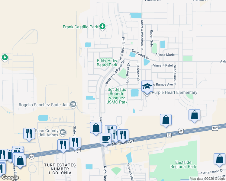 map of restaurants, bars, coffee shops, grocery stores, and more near 4568 Joseph Rodriguez Drive in El Paso
