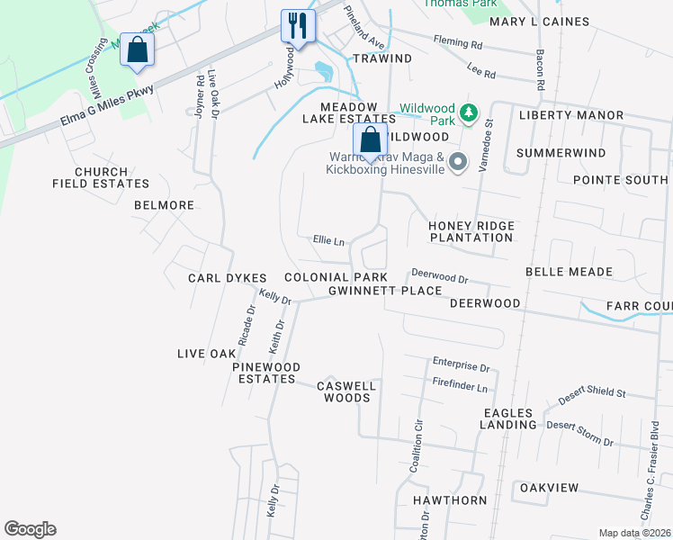 map of restaurants, bars, coffee shops, grocery stores, and more near 1100 Pineland Avenue in Hinesville