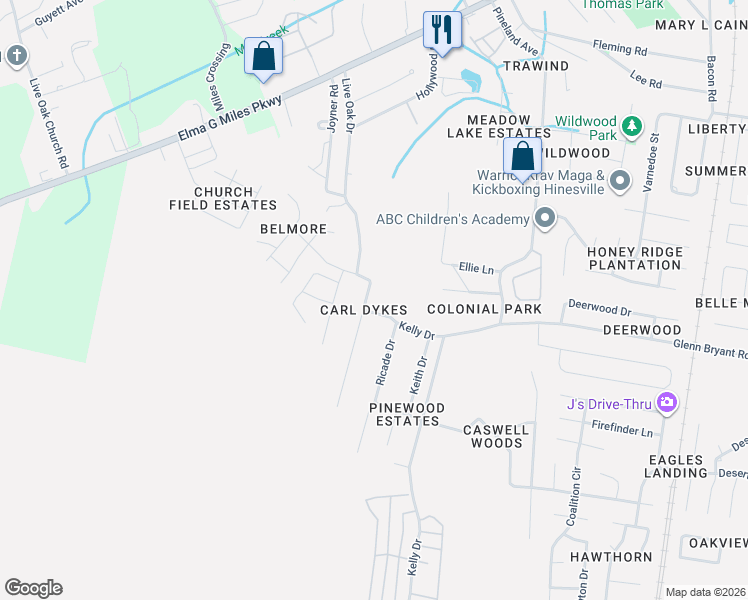map of restaurants, bars, coffee shops, grocery stores, and more near 1040 Live Oak Drive in Hinesville