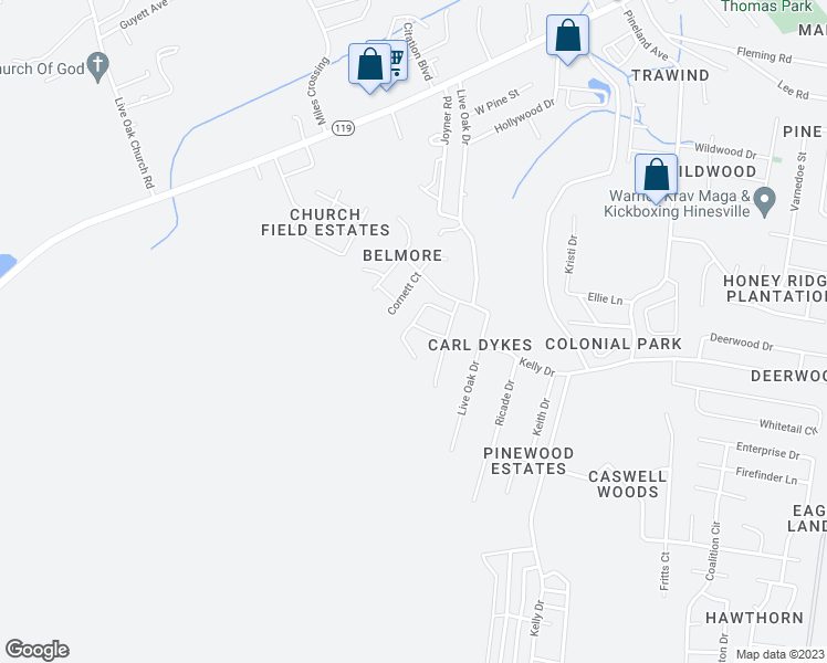 map of restaurants, bars, coffee shops, grocery stores, and more near 908 Brockton Drive in Hinesville