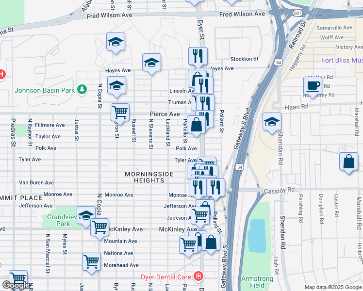 map of restaurants, bars, coffee shops, grocery stores, and more near 3904 Taylor Avenue in El Paso