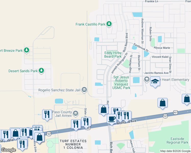 map of restaurants, bars, coffee shops, grocery stores, and more near 12701 Lorenzo Frias Court in El Paso