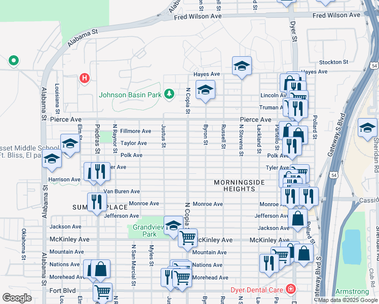 map of restaurants, bars, coffee shops, grocery stores, and more near 3400 North Copia Street in El Paso