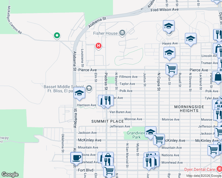 map of restaurants, bars, coffee shops, grocery stores, and more near 4420 North Piedras Street in El Paso