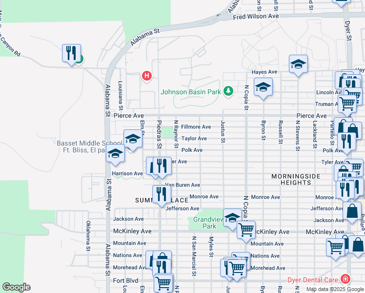 map of restaurants, bars, coffee shops, grocery stores, and more near 3006 Taylor Avenue in El Paso