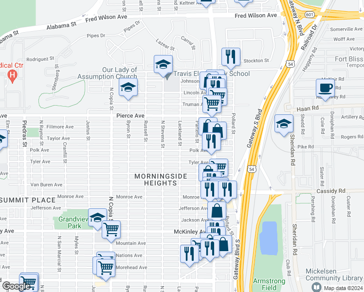 map of restaurants, bars, coffee shops, grocery stores, and more near 3800 Taylor Avenue in El Paso