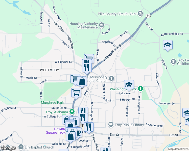map of restaurants, bars, coffee shops, grocery stores, and more near 118 East Fairview Avenue in Troy