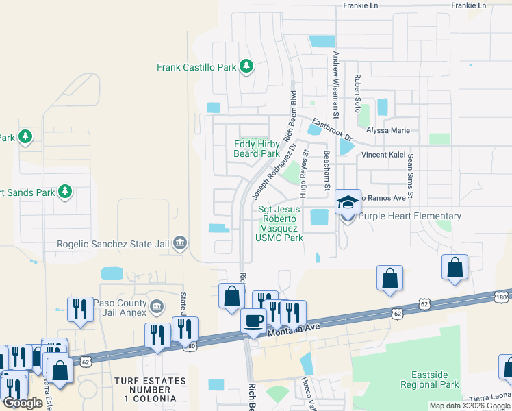 map of restaurants, bars, coffee shops, grocery stores, and more near 4629 Lolo Caldera Way in El Paso