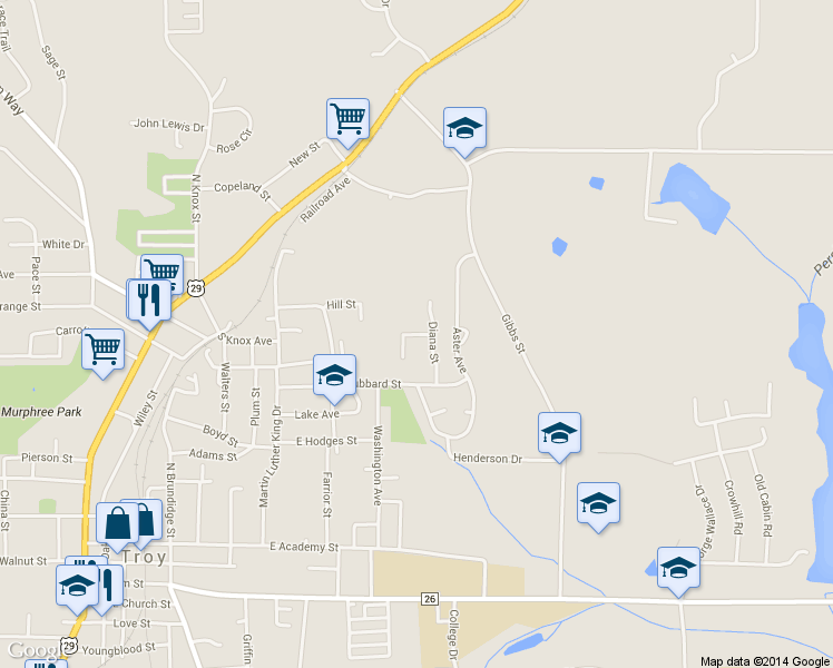 map of restaurants, bars, coffee shops, grocery stores, and more near 202 Diana Street in Troy
