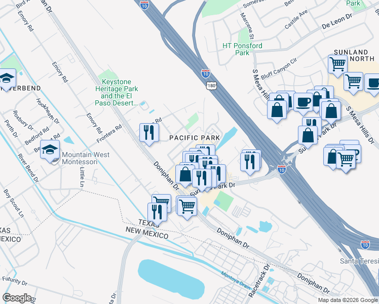 map of restaurants, bars, coffee shops, grocery stores, and more near 158 Elvira Way in El Paso