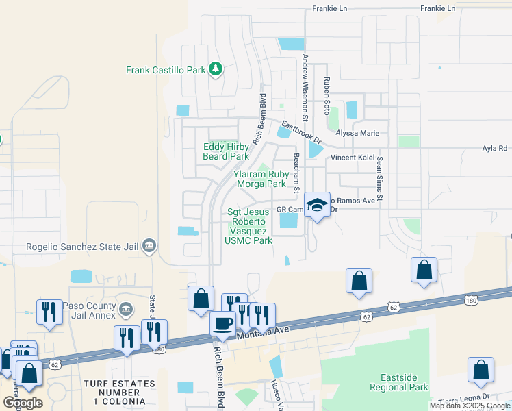 map of restaurants, bars, coffee shops, grocery stores, and more near 12965 Beto Portugal Lane in El Paso
