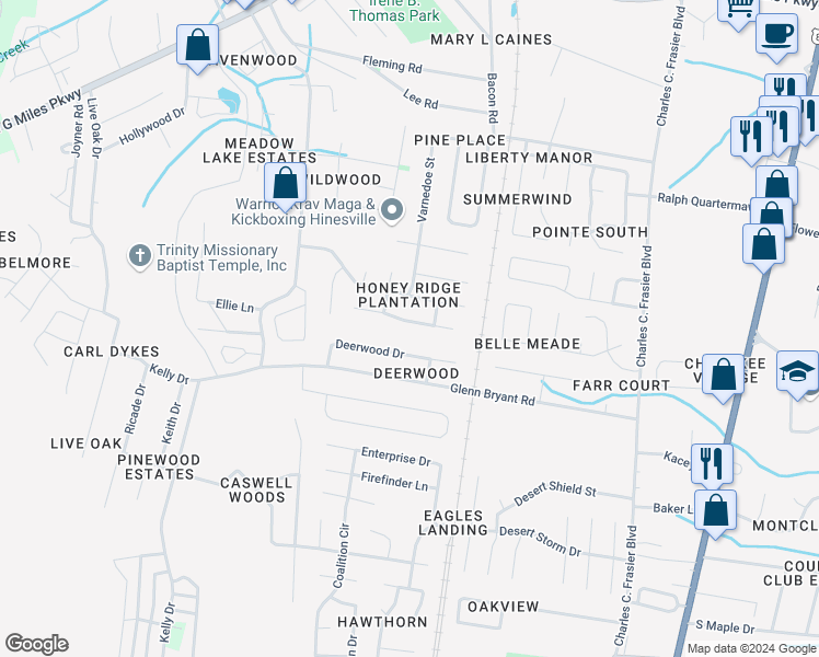 map of restaurants, bars, coffee shops, grocery stores, and more near 723 Kadi Drive in Hinesville