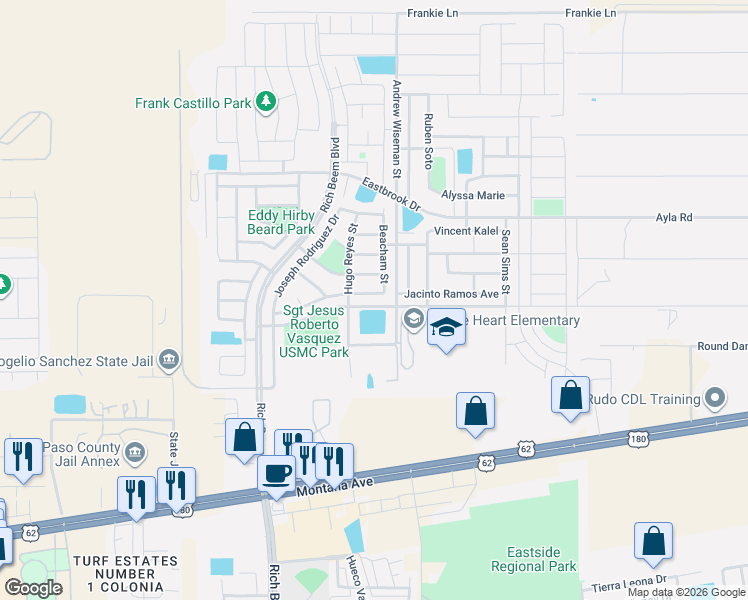 map of restaurants, bars, coffee shops, grocery stores, and more near 13013 Alfredo Apodaca in El Paso