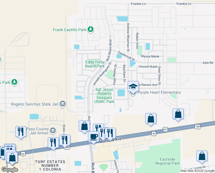 map of restaurants, bars, coffee shops, grocery stores, and more near 12965 Beto Portugal Lane in El Paso