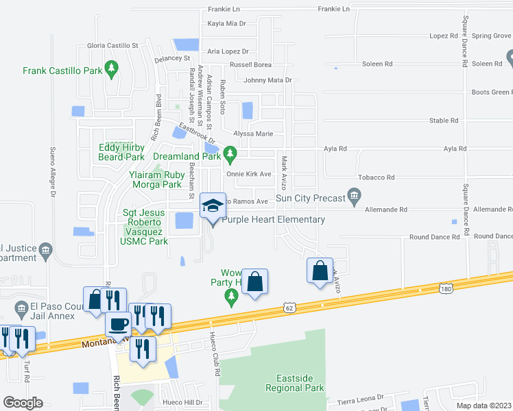map of restaurants, bars, coffee shops, grocery stores, and more near 14452 Jacinto Ramos Avenue in El Paso