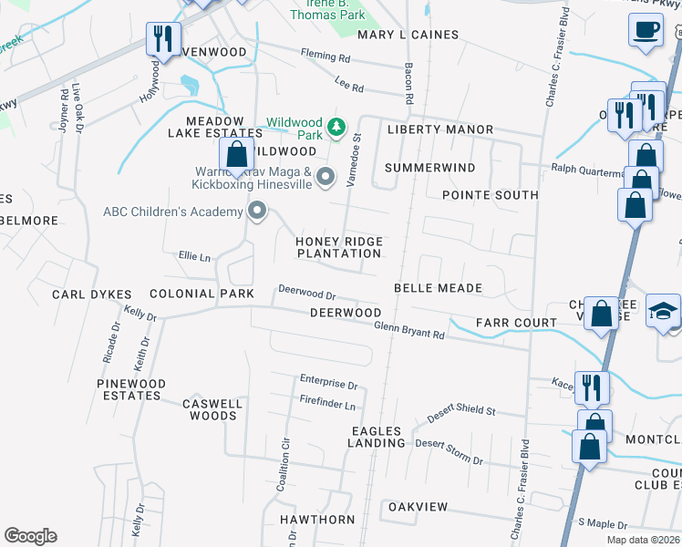 map of restaurants, bars, coffee shops, grocery stores, and more near 720 Kadi Drive in Hinesville