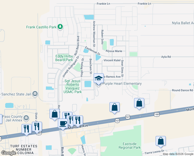 map of restaurants, bars, coffee shops, grocery stores, and more near 14364 Jacinto Ramos Avenue in El Paso