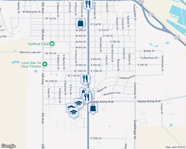 map of restaurants, bars, coffee shops, grocery stores, and more near 204 East 10th Street in Coleman