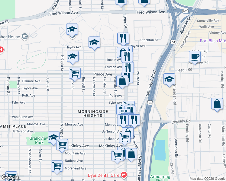 map of restaurants, bars, coffee shops, grocery stores, and more near 3904 Taylor Avenue in El Paso