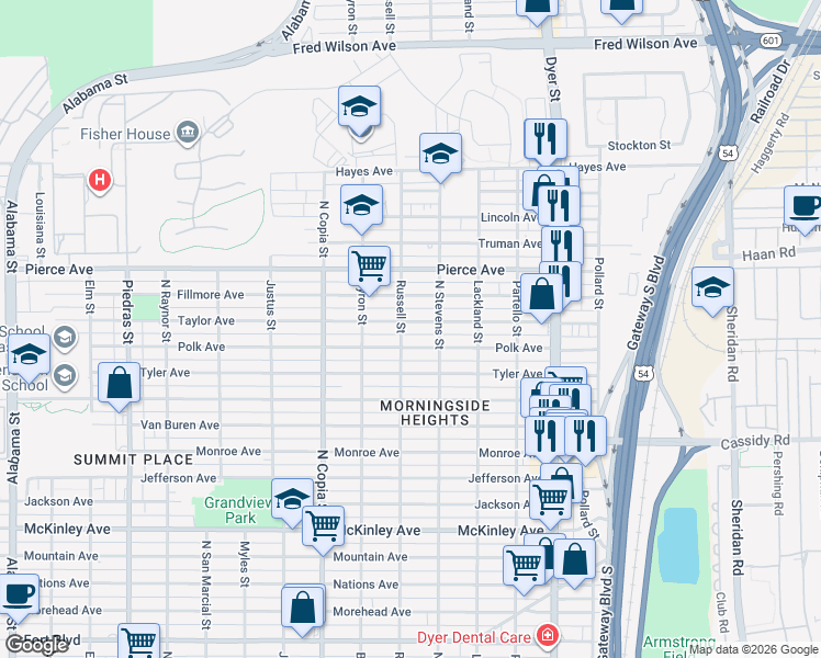map of restaurants, bars, coffee shops, grocery stores, and more near 3602 Taylor Avenue in El Paso