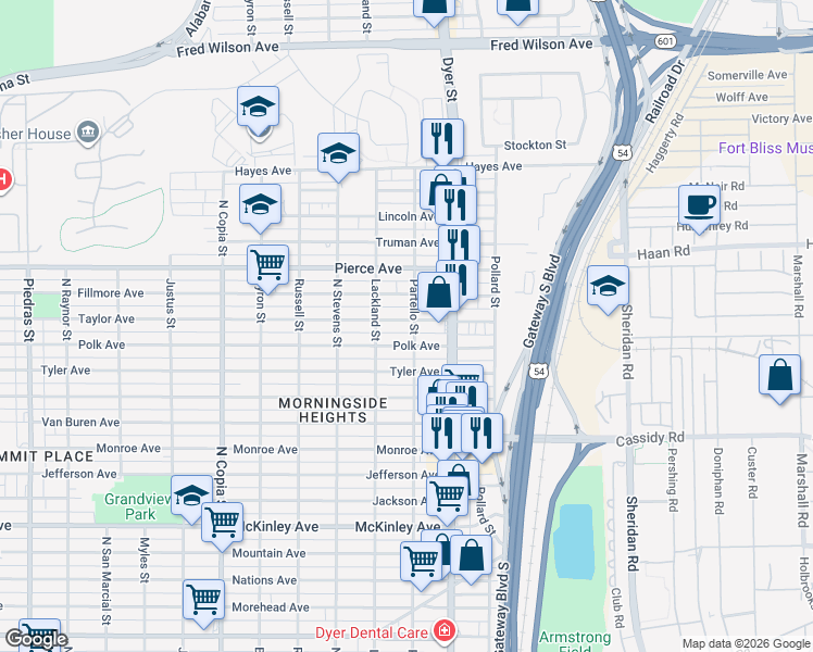 map of restaurants, bars, coffee shops, grocery stores, and more near 3904 Taylor Avenue in El Paso