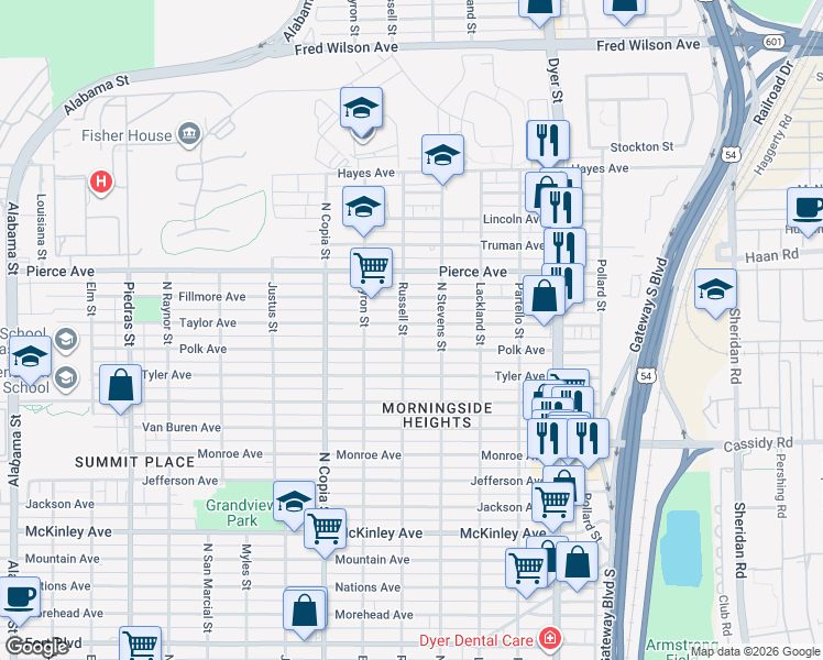 map of restaurants, bars, coffee shops, grocery stores, and more near 3602 Taylor Avenue in El Paso