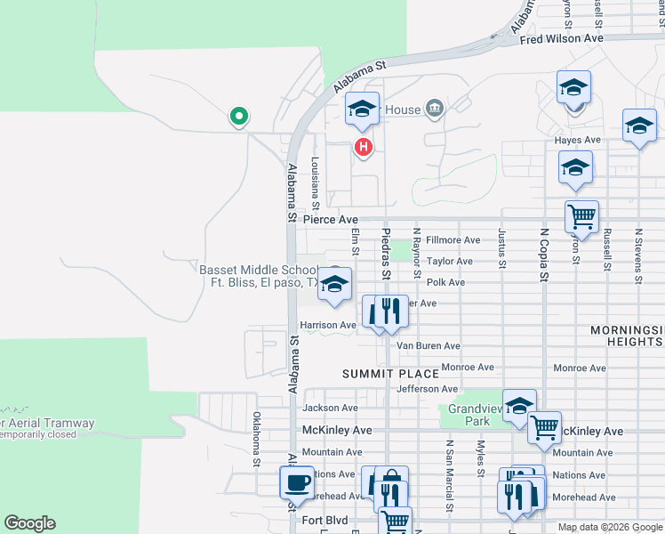 map of restaurants, bars, coffee shops, grocery stores, and more near 2704 Taylor Avenue in El Paso
