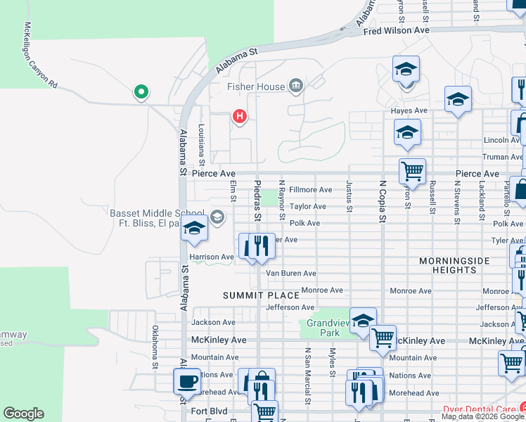 map of restaurants, bars, coffee shops, grocery stores, and more near 4420 North Piedras Street in El Paso