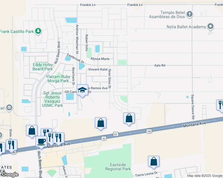 map of restaurants, bars, coffee shops, grocery stores, and more near 4604 Sean Sims Street in El Paso