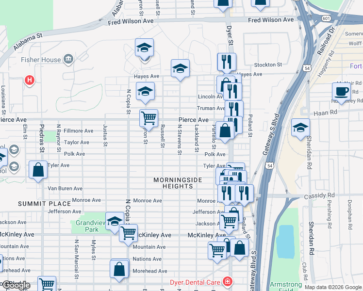map of restaurants, bars, coffee shops, grocery stores, and more near 3700 Taylor Avenue in El Paso