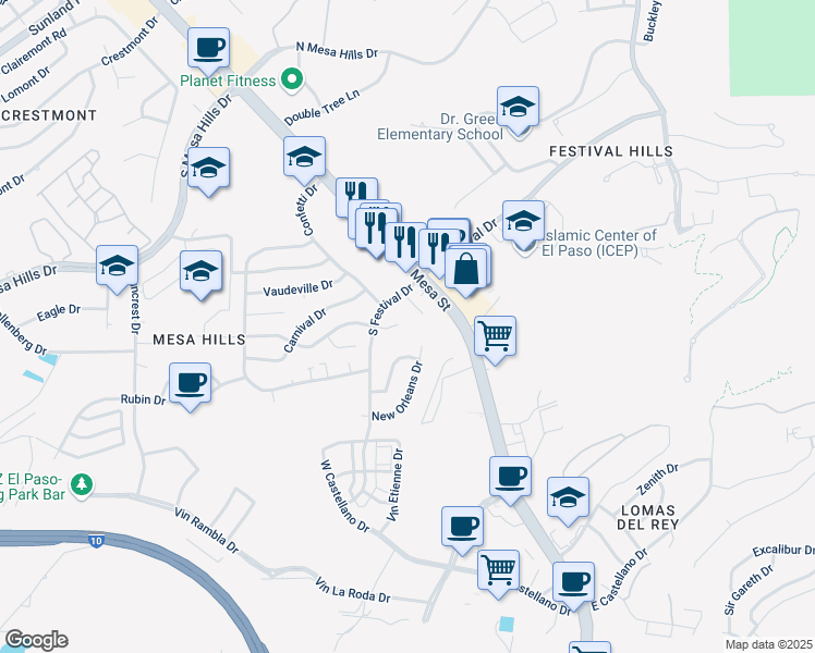 map of restaurants, bars, coffee shops, grocery stores, and more near 136 Mardi Gras Drive in El Paso