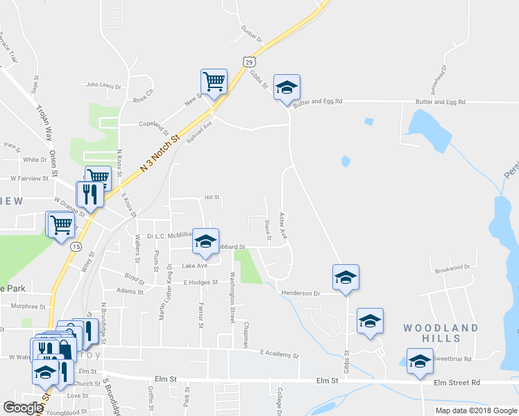 map of restaurants, bars, coffee shops, grocery stores, and more near 202 Diana Street in Troy