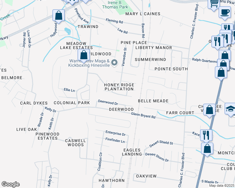map of restaurants, bars, coffee shops, grocery stores, and more near Kadi Dr in Hinesville