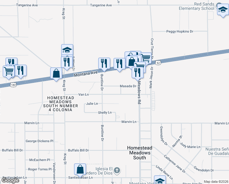 map of restaurants, bars, coffee shops, grocery stores, and more near 14621 Van Lane in El Paso