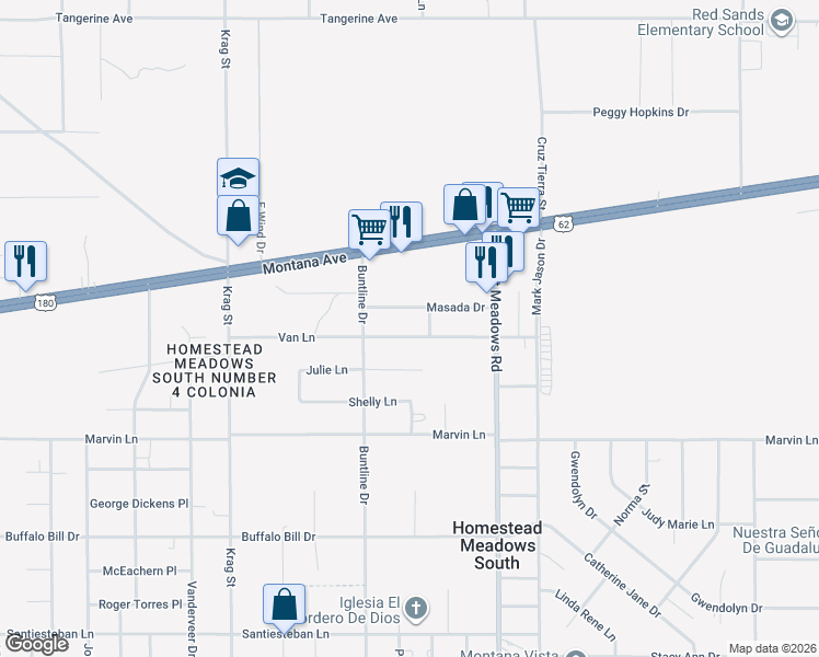 map of restaurants, bars, coffee shops, grocery stores, and more near 14621 Van Lane in El Paso