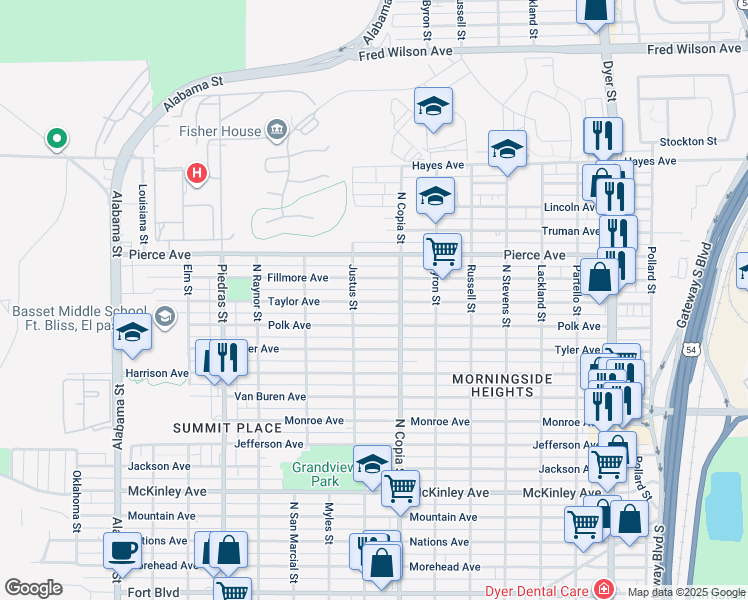 map of restaurants, bars, coffee shops, grocery stores, and more near 3317 Taylor Avenue in El Paso