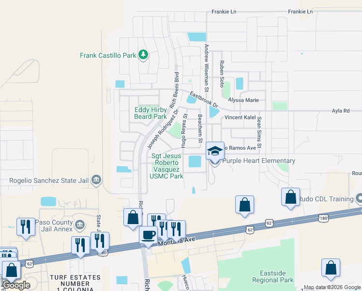 map of restaurants, bars, coffee shops, grocery stores, and more near 13013 Alfredo Apodaca in El Paso