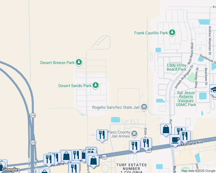 map of restaurants, bars, coffee shops, grocery stores, and more near 3929 Desert Nomad Drive in El Paso
