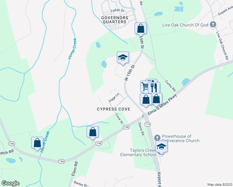 map of restaurants, bars, coffee shops, grocery stores, and more near 2601 Page Lane in Hinesville