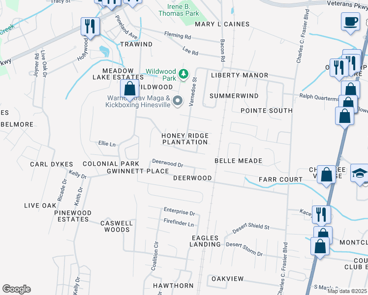 map of restaurants, bars, coffee shops, grocery stores, and more near 720 Kadi Drive in Hinesville