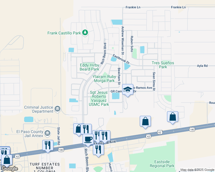 map of restaurants, bars, coffee shops, grocery stores, and more near 13013 Alfredo Apodaca in El Paso