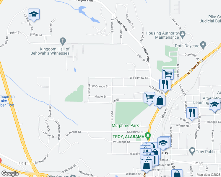 map of restaurants, bars, coffee shops, grocery stores, and more near 500 West Orange Street in Troy
