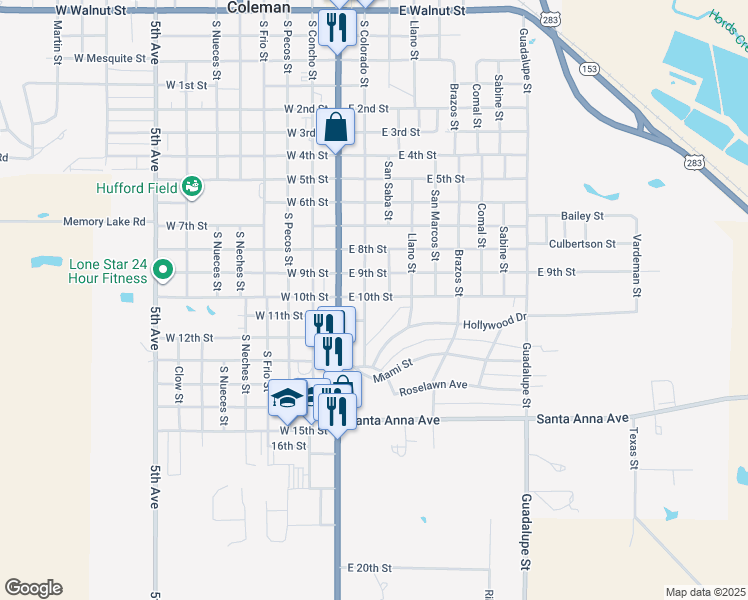 map of restaurants, bars, coffee shops, grocery stores, and more near 204 East 10th Street in Coleman