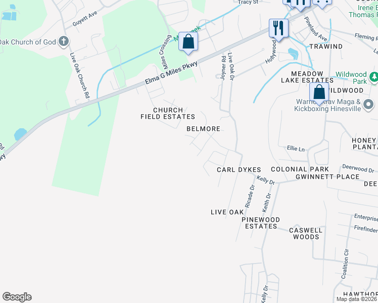 map of restaurants, bars, coffee shops, grocery stores, and more near 1113 Cornett Court in Hinesville