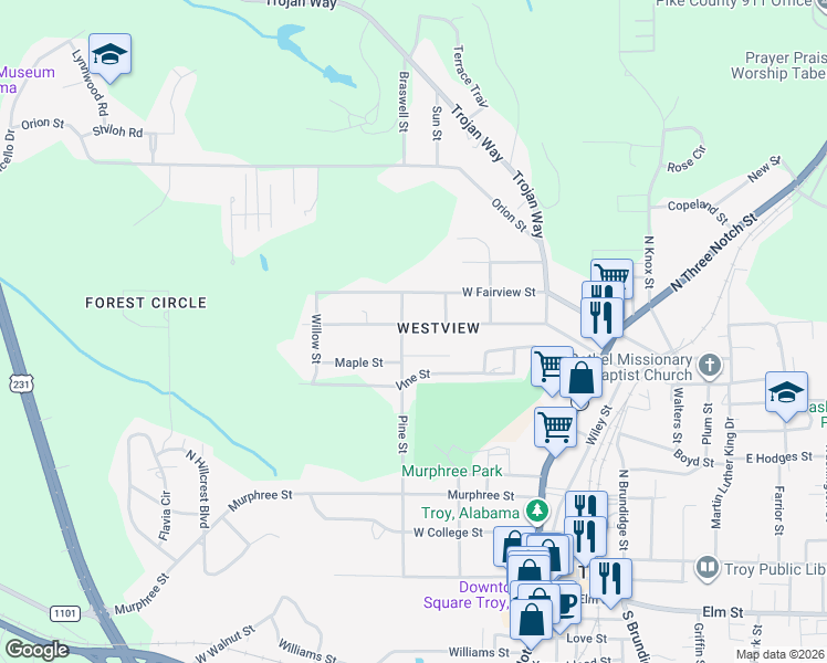 map of restaurants, bars, coffee shops, grocery stores, and more near 412 West Orange Street in Troy